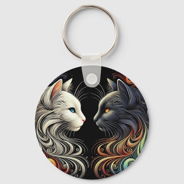 Two Contrasting Cat Faces with Vibrant Swirls Key Ring (Front)