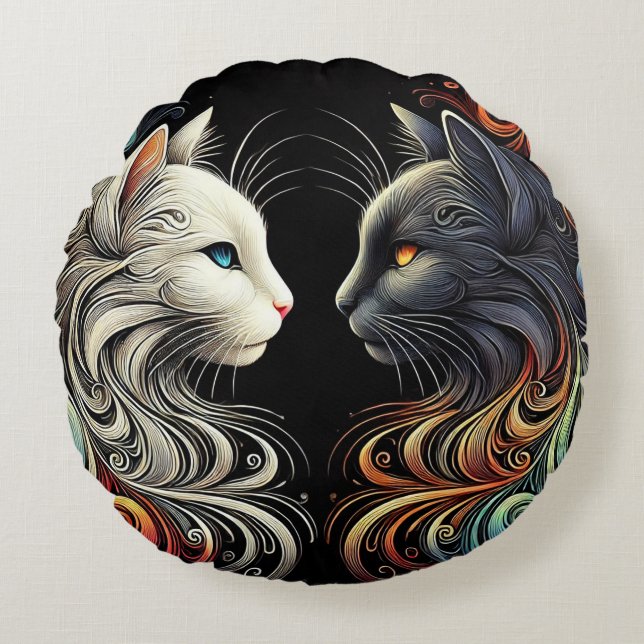 Two Contrasting Cat Faces with Vibrant Swirls Round Cushion (Front)