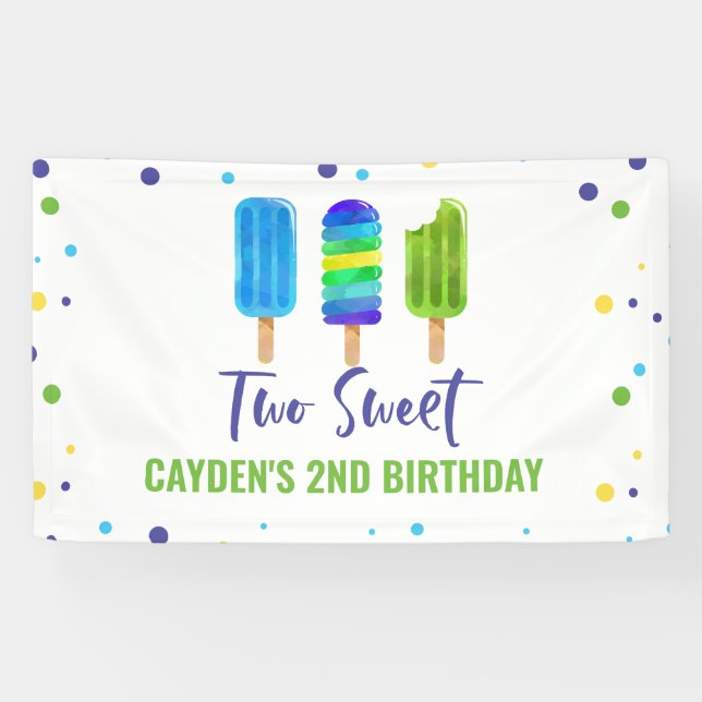 Two Cool 2nd Birthday Ice Pop Blue Green Banner (Horizontal)