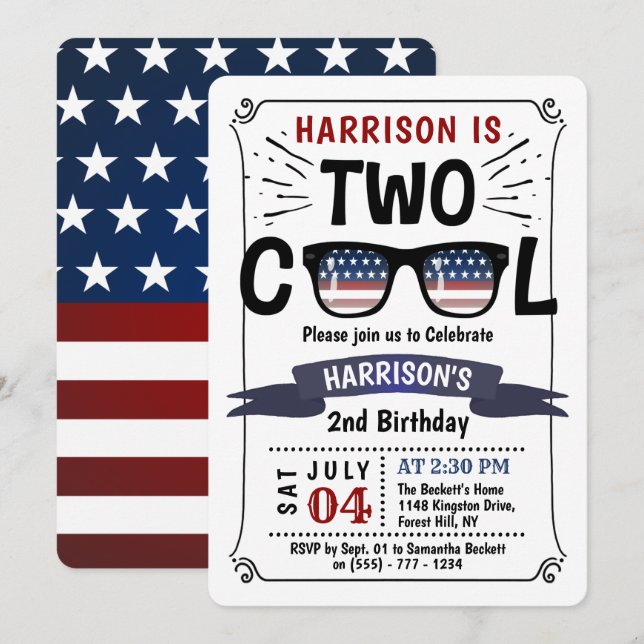 Two Cool 4th Of July Boys 2nd Birthday Invitation (Front/Back)