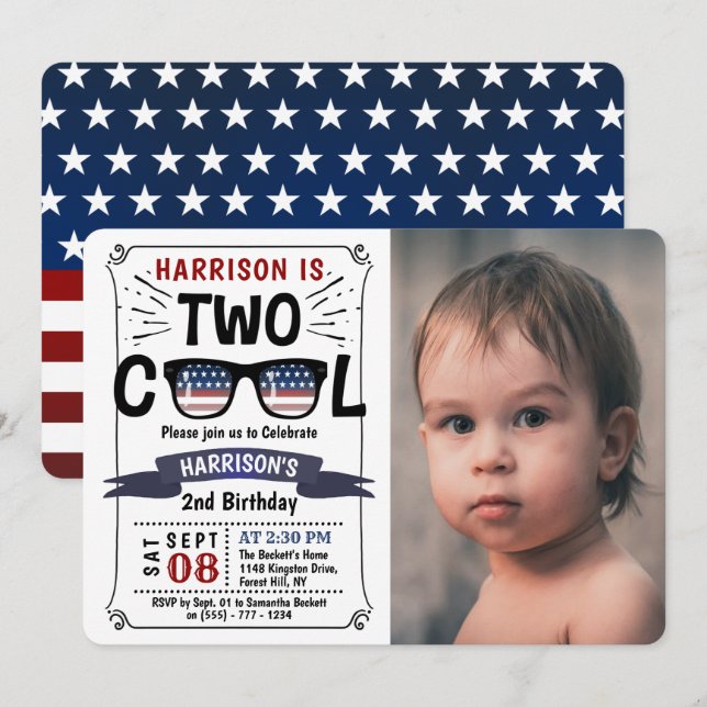 Two Cool 4th Of July Boys Photo 2nd Birthday Invitation (Front/Back)