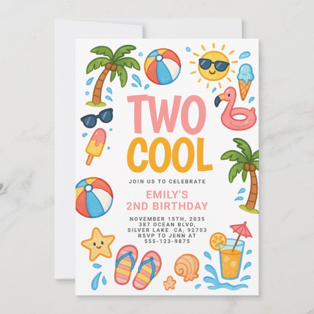 Two Cool Beach Tropical 2nd Birthday Party Invitation (Front)