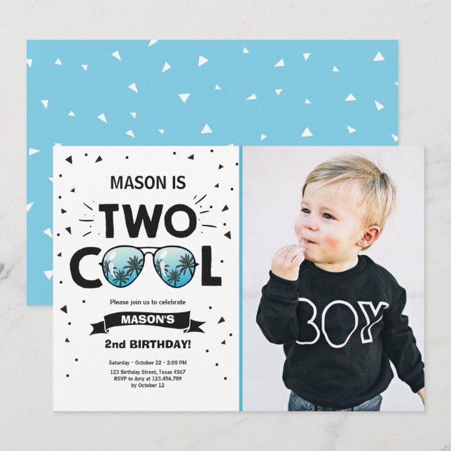 Two Cool birthday invitation boy 2nd birthday Blue (Front/Back)