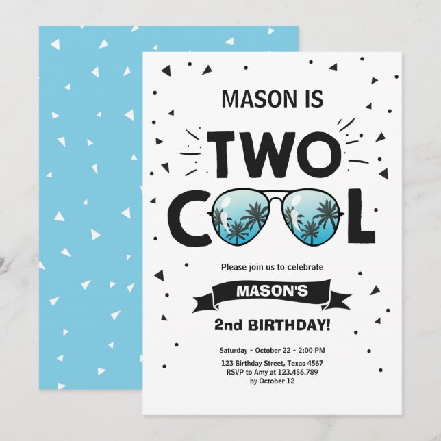 Two Cool birthday invitation boy 2nd birthday Blue (Front/Back)