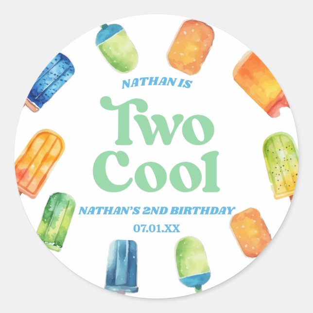 Two Cool Blue Retro Popsicle 2nd Birthday Party Classic Round Sticker (Front)