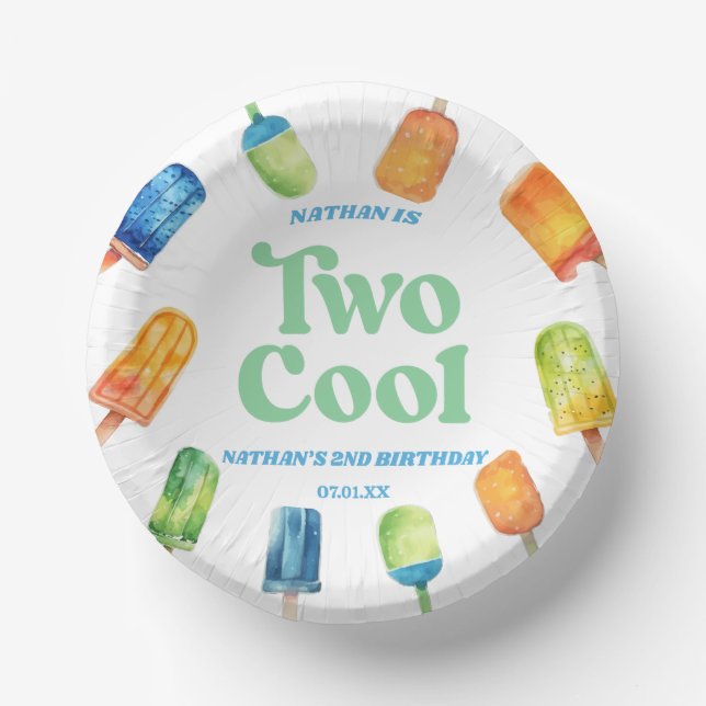 Two Cool Blue Retro Popsicle 2nd Birthday Party Paper Plate (Front)
