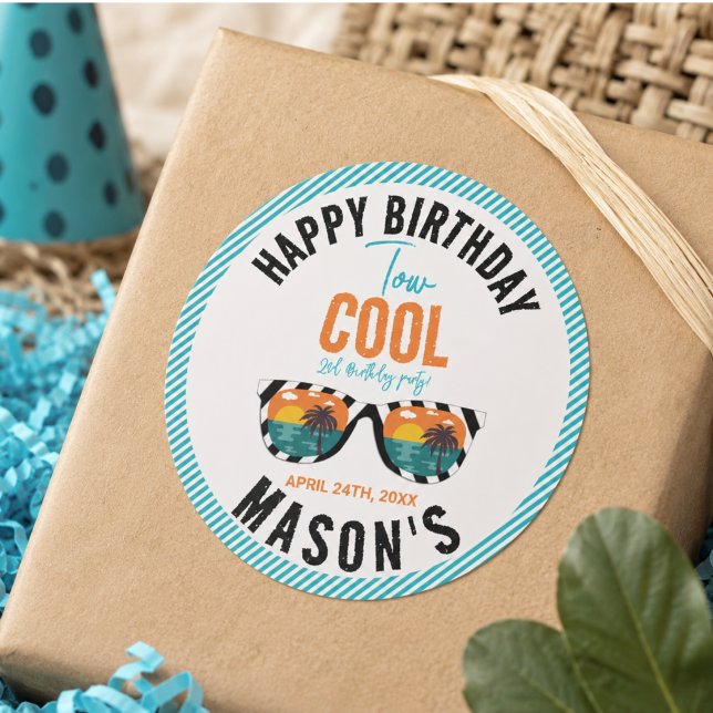 Two Cool Boy 2nd Birthday Party Classic Round Sticker (Two Cool Boy 2nd Birthday Party Classic Round Sticker)