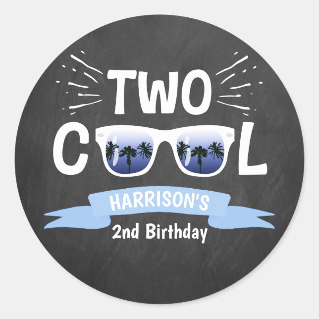 Two Cool Boys Chalkboard 2nd Birthday Classic Round Sticker (Front)
