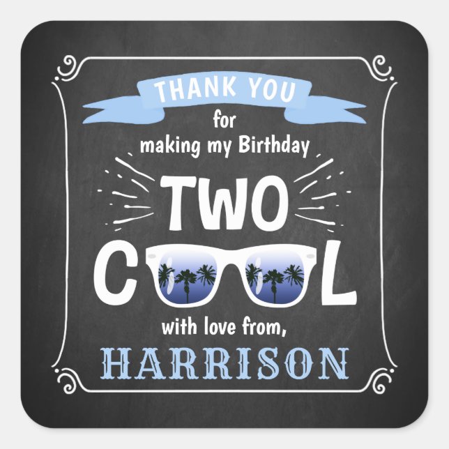 Two Cool Boys Chalkboard 2nd Birthday Party Favour Square Sticker (Front)