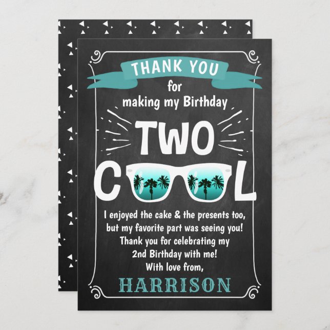 Two Cool Chalkboard Boys 2nd Birthday Thank You Card (Front/Back)
