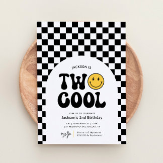 Two Cool Chequered Happy Face 2nd Birthday Invitation