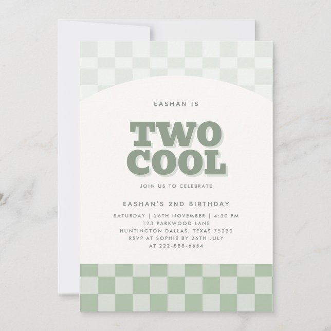 Two Cool Green Chequered Pattern 2nd Birthday Invitation (Front)