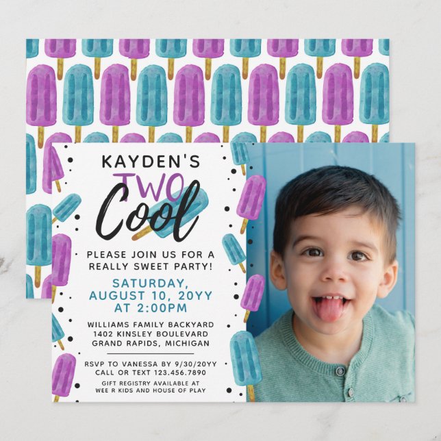 TWO COOL Kid's 2nd Birthday Summer Ice Pop Photo Invitation (Front/Back)