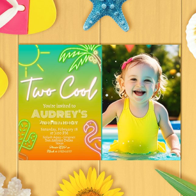 Two Cool Neon Pool Party Invitation with Photo (Two Cool Neon Pool Party Landscape Invitation with Photo Picture)