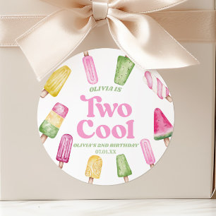 Two Cool Pink Retro Popsicle 2nd Birthday Party Classic Round Sticker