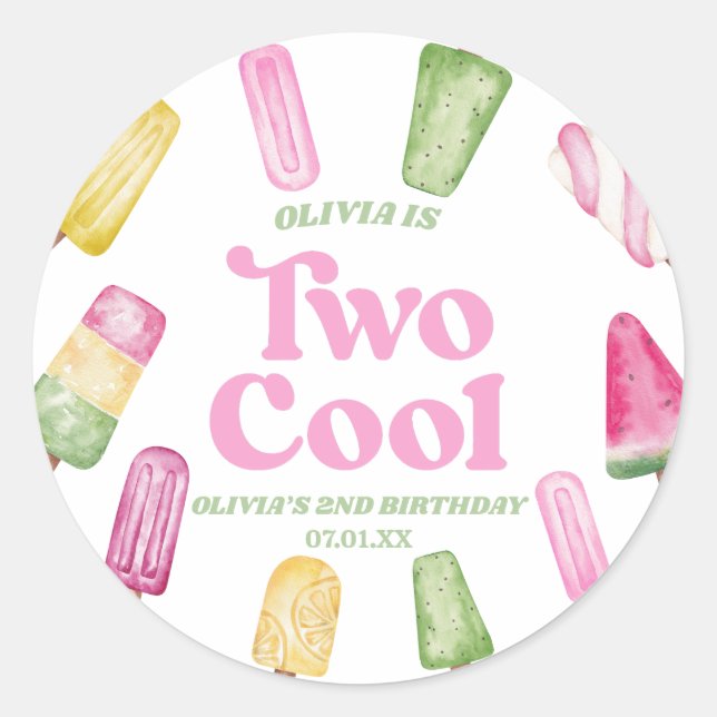 Two Cool Pink Retro Popsicle 2nd Birthday Party Classic Round Sticker (Front)