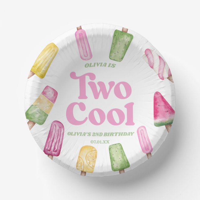 Two Cool Pink Retro Popsicle 2nd Birthday Party Paper Plate (Front)