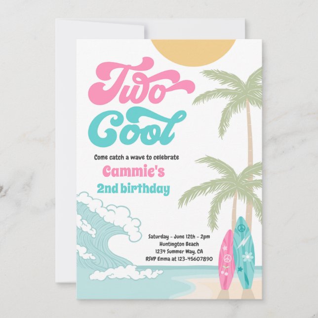 Two Cool Retro Surfboard Beach 2nd Birthday Party Invitation (Front)