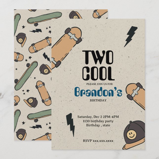 Two Cool Skateboard Birthday  Invitation (Front/Back)