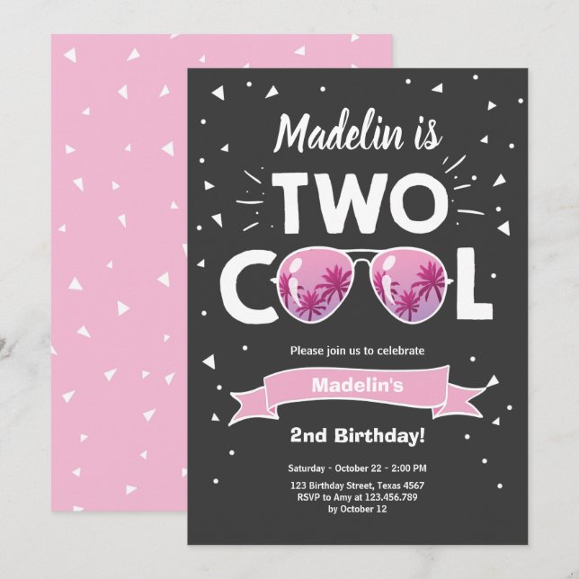 Two Cool Summer Sunglasses Girl 2nd Birthday Invit Invitation (Front/Back)