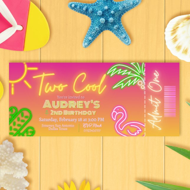 Two Cool Tropical Pink Neon Pool Party Ticket Invitation (Two Cool Tropical Pink Neon Pool Party Ticket Invitation)