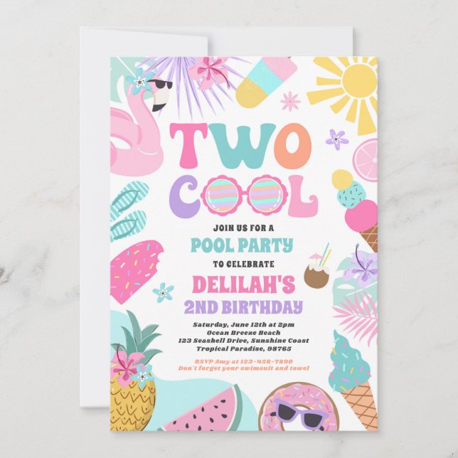 Two Cool Tropical Summer Beach 2nd Birthday Party Invitation (Front)