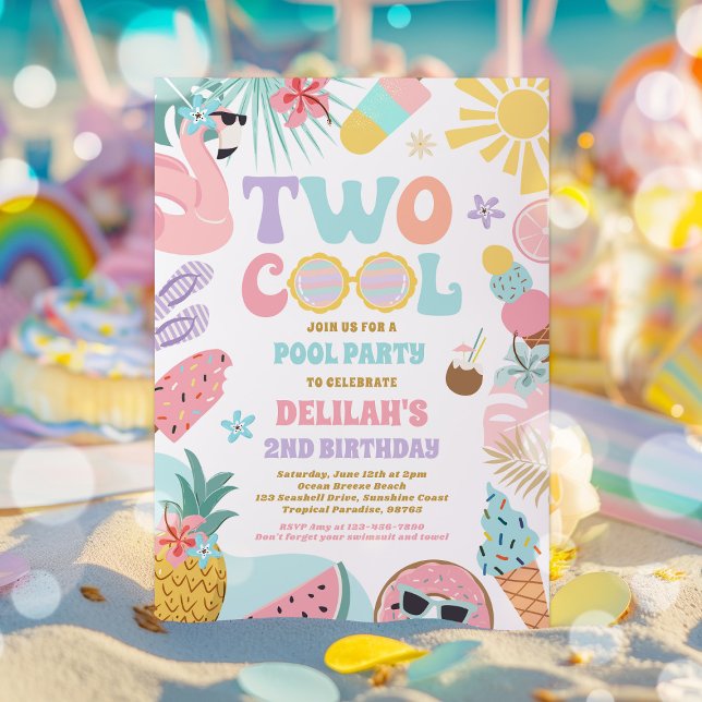 Two Cool Tropical Summer Beach 2nd Birthday Party Invitation (Creator Uploaded)