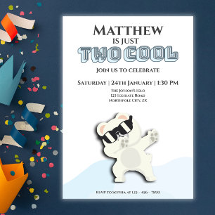 Two Cool Winter Polar Bear dabbing 2nd bday Invitation