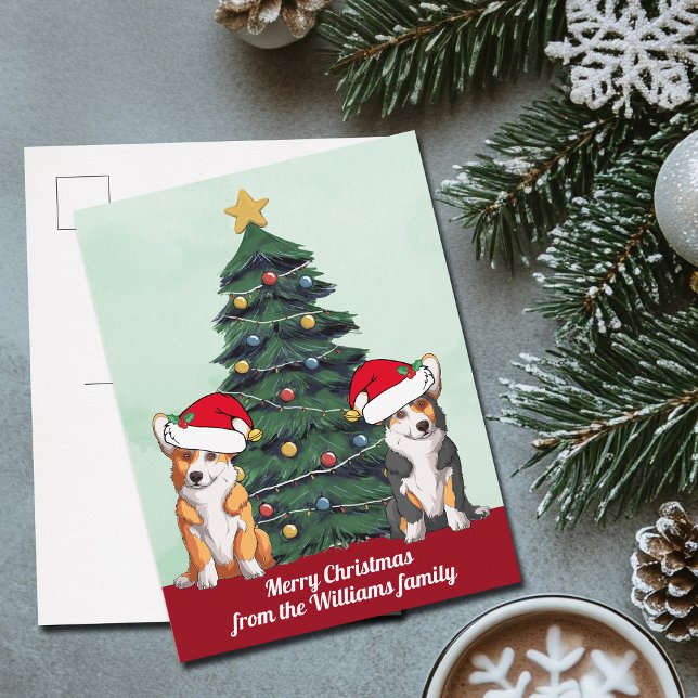 Two Corgi Christmas Tree Cute Dogs in Santa Hat Postcard (Creator Uploaded)