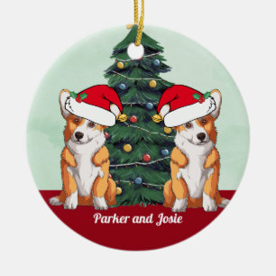 Two Corgis in Santa Hat Cute Custom Christmas Ceramic Tree Decoration