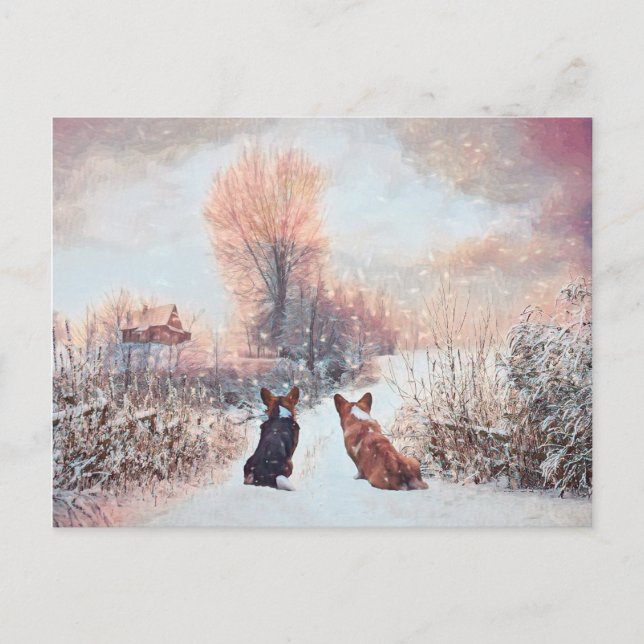 Two Country Welsh Corgis in the Snow Postcard (Front)
