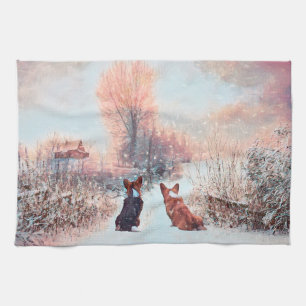 Two Country Welsh Corgis in the Snow Tea Towel