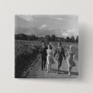 Two couples walking on country road B&W 15 Cm Square Badge