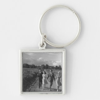Two couples walking on country road B&W Key Ring