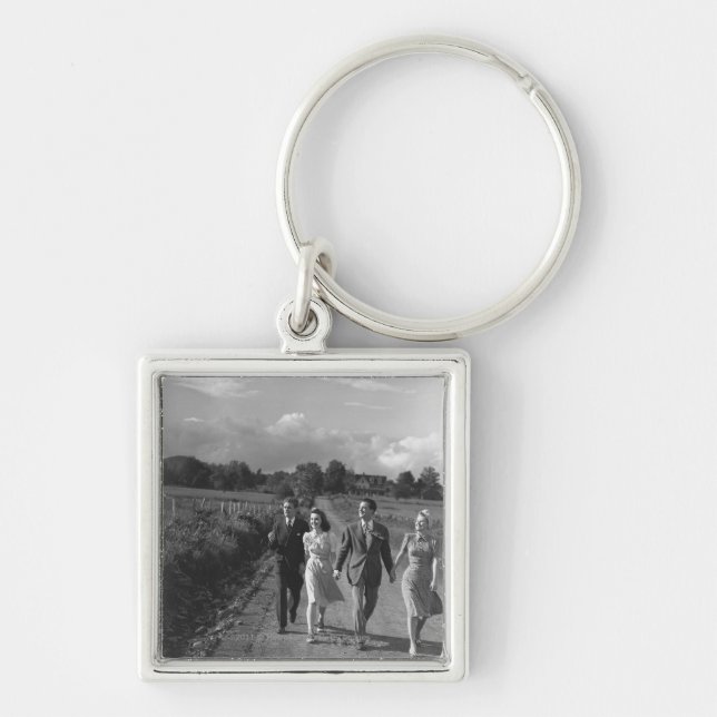 Two couples walking on country road B&W Key Ring (Front)