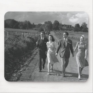 Two couples walking on country road B&W Mouse Mat