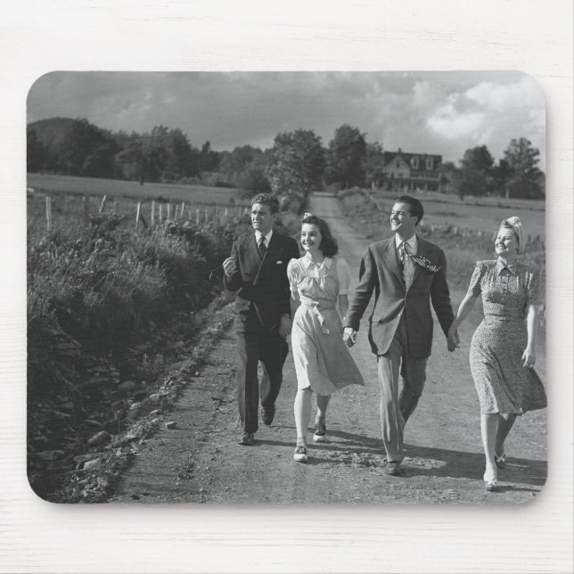 Two couples walking on country road B&W Mouse Mat (Front)