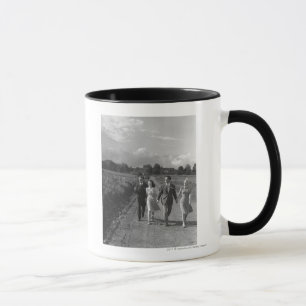 Two couples walking on country road B&W Mug