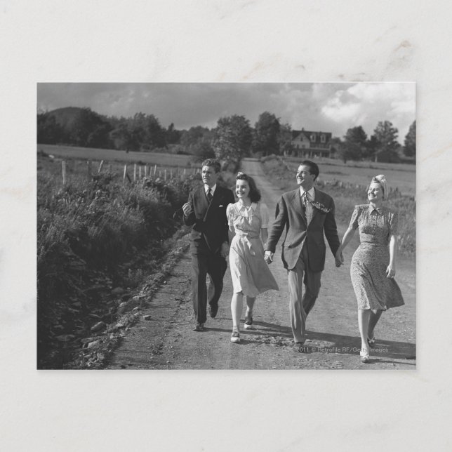 Two couples walking on country road B&W Postcard (Front)