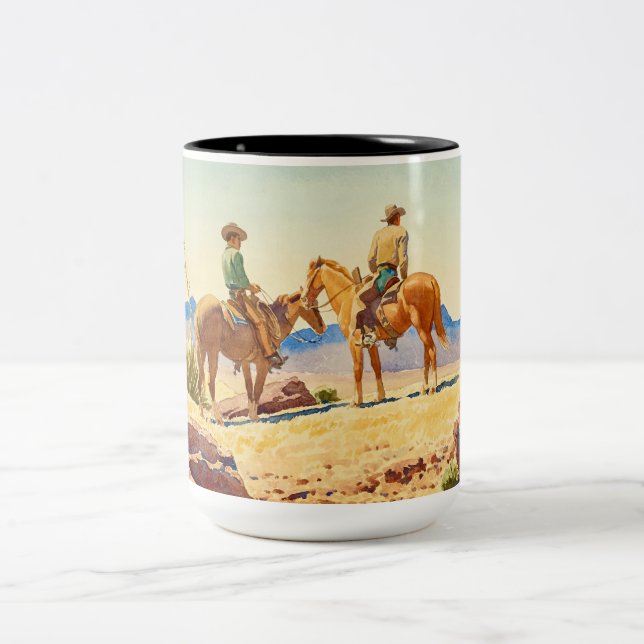 Two Cowboys on Horses by Maynard Dixon Two-Tone Coffee Mug (Center)