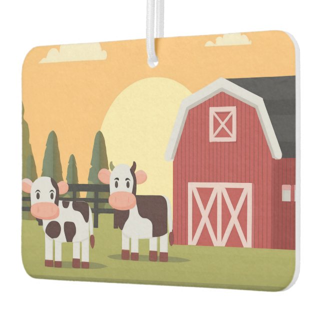 Two Cows and a Red Barn at Sunrise Car Air Freshener (Left)