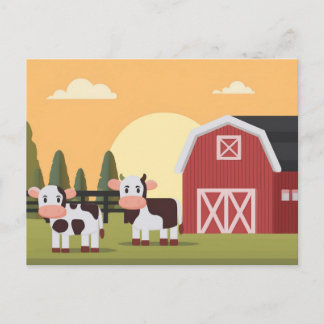 Two Cows and a Red Barn at Sunrise Postcard