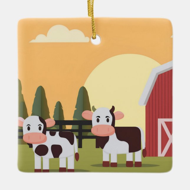 Two Cows and a Red Barn at Sunset Christmas Ceramic Ornament (Front)