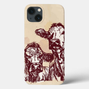 Two cows hand draw sketch & watercolor vintage iPhone 13 case