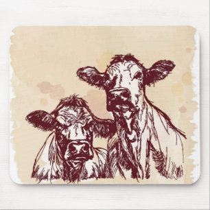 Two cows hand draw sketch & watercolor vintage mouse mat