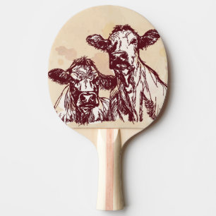 Two cows hand draw sketch & watercolor vintage ping pong paddle