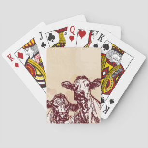 Two cows hand draw sketch & watercolor vintage playing cards