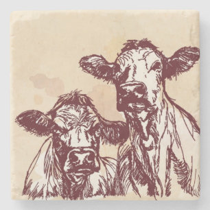Two cows hand draw sketch & watercolor vintage stone coaster