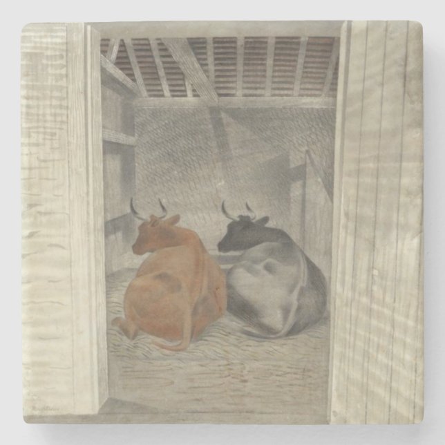 Two Cows in a Stable (by Eric Ravilious) Stone Coaster (Front)