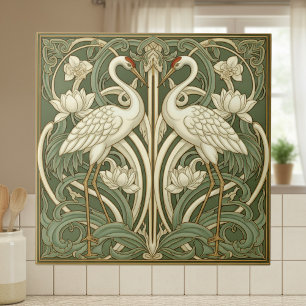 Two Cranes Art Nouveau Pat#10 Olive Ivory ID1193 Tile